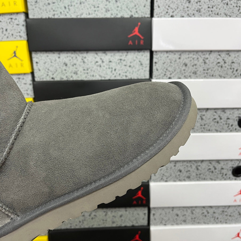 UGG Classic Mini Bailey Button Boot – Suede Ankle Boot with Tonal Shearling Cuff & Button Closure in Grey