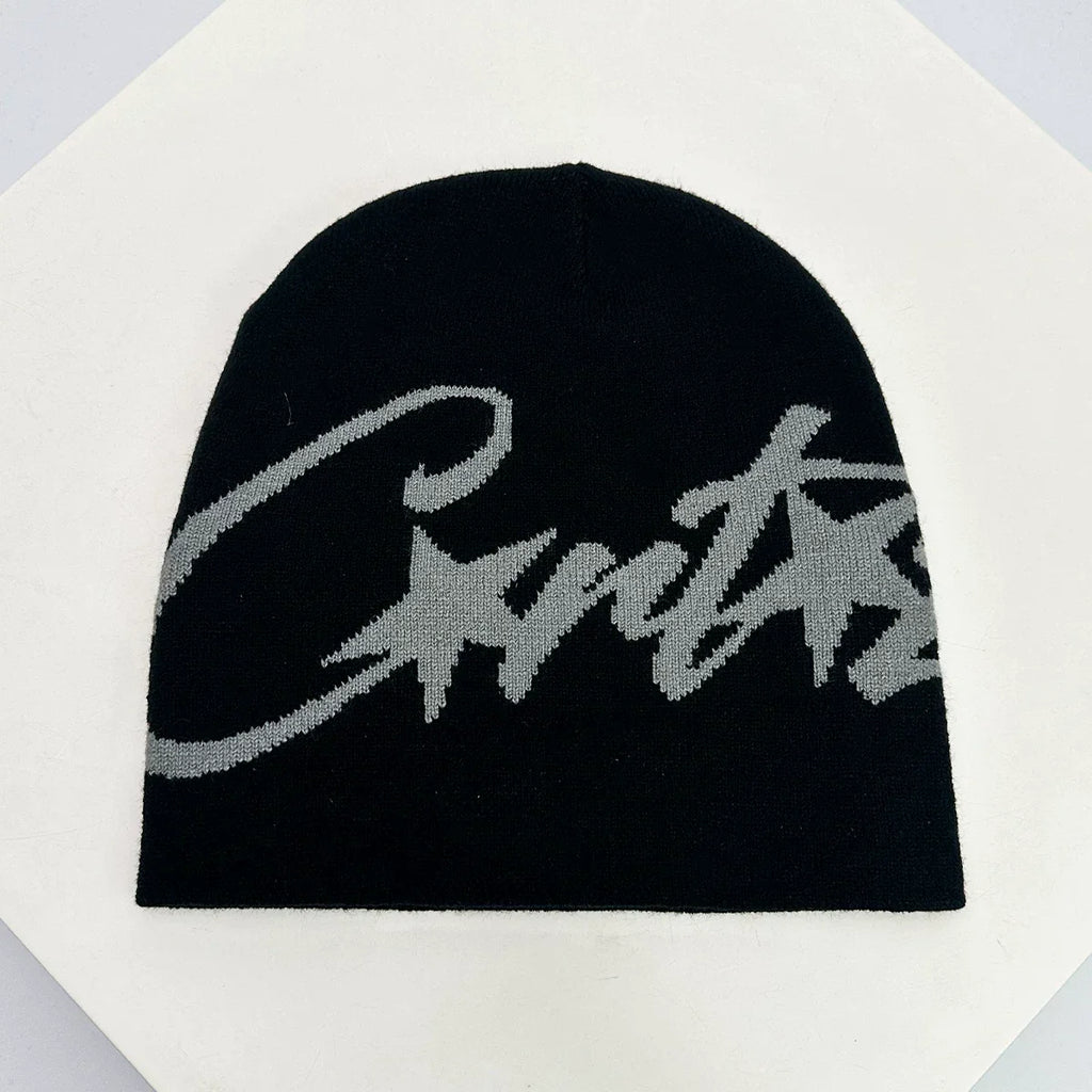 Corteiz Oversized Script Knit Beanie – White / Coffee Pink / Black Grey