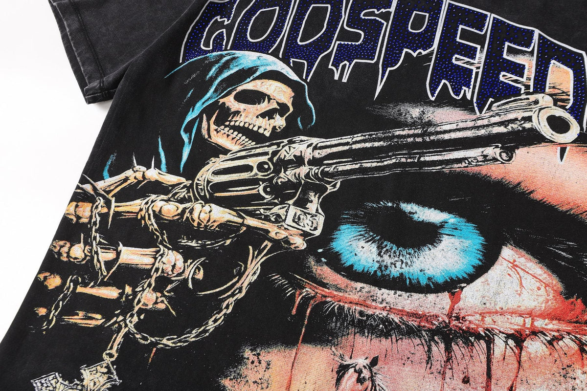 Godspeed Distressed Rhinestone Graphic T-Shirt