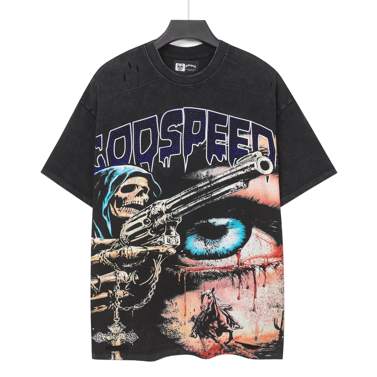 Godspeed Distressed Rhinestone Graphic T-Shirt