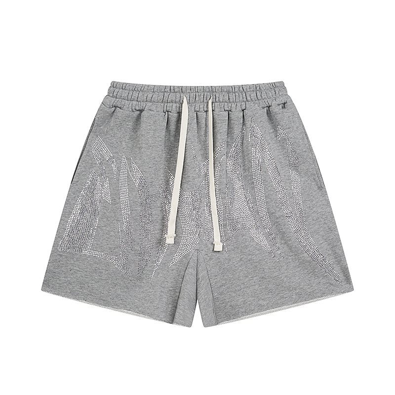 MIXED EMOTION Rhinestone Graphic Raw-Hem Shorts