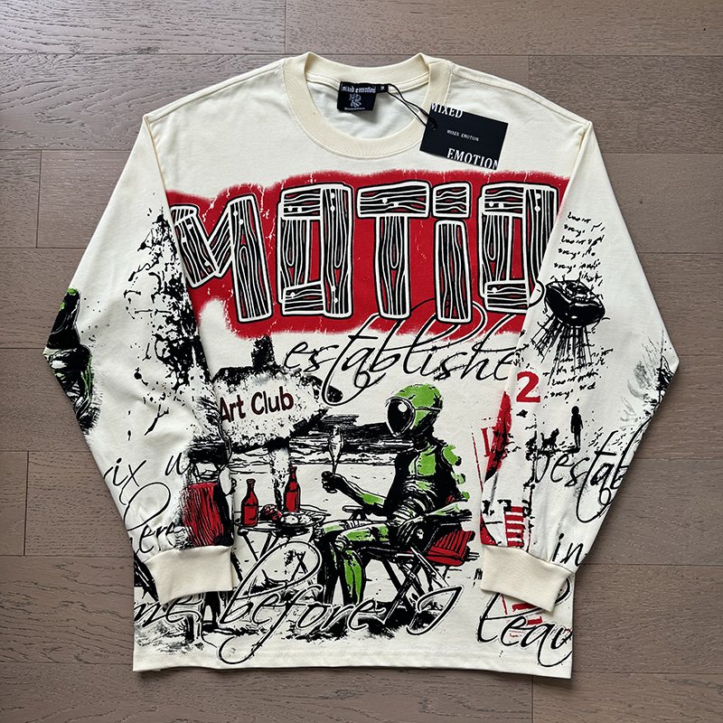 MIXED EMOTION Cream Graffiti Graphic Long-Sleeve T-Shirt