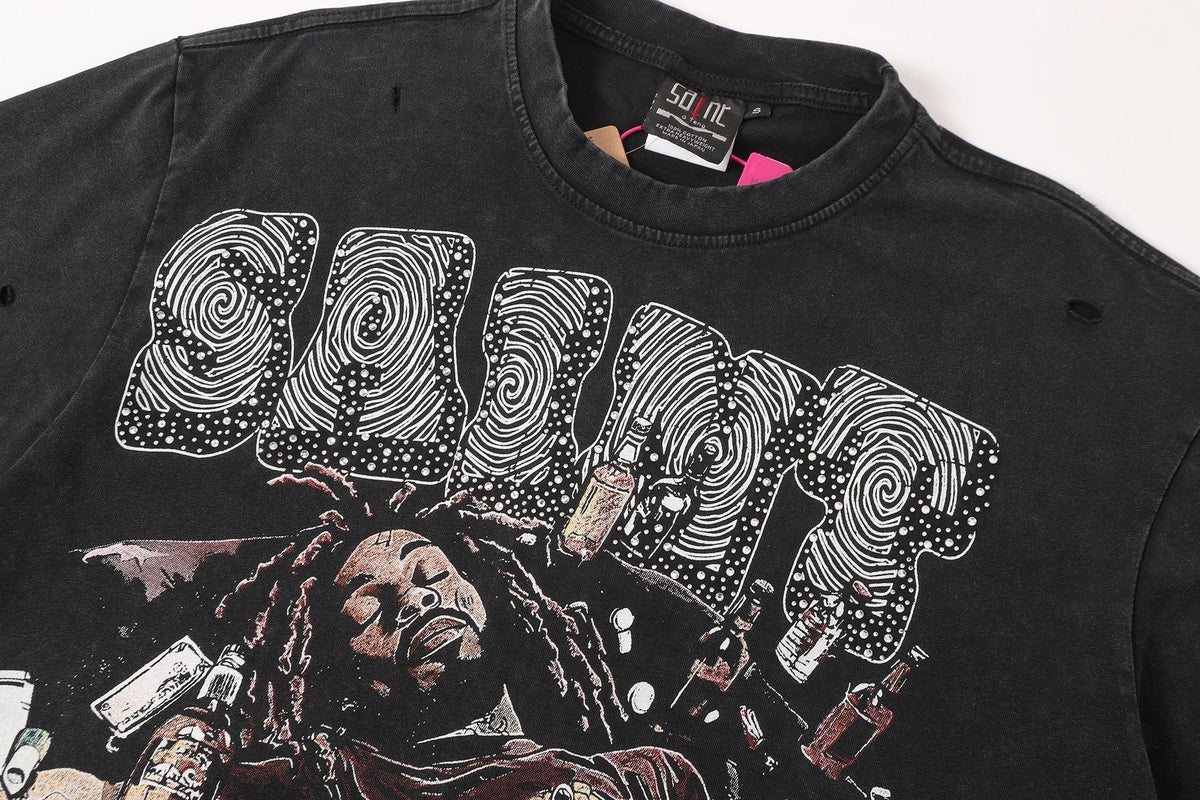 SAINT Free Alcohol Washed Black Graphic T-Shirt