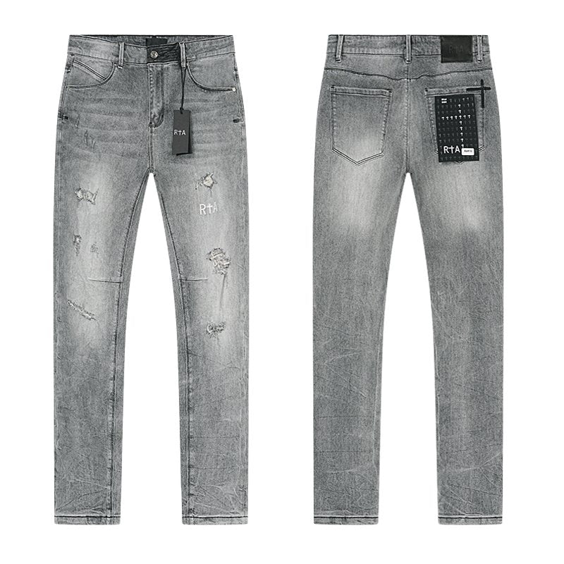 R+A Gray Graphic Detail Distressed Jeans