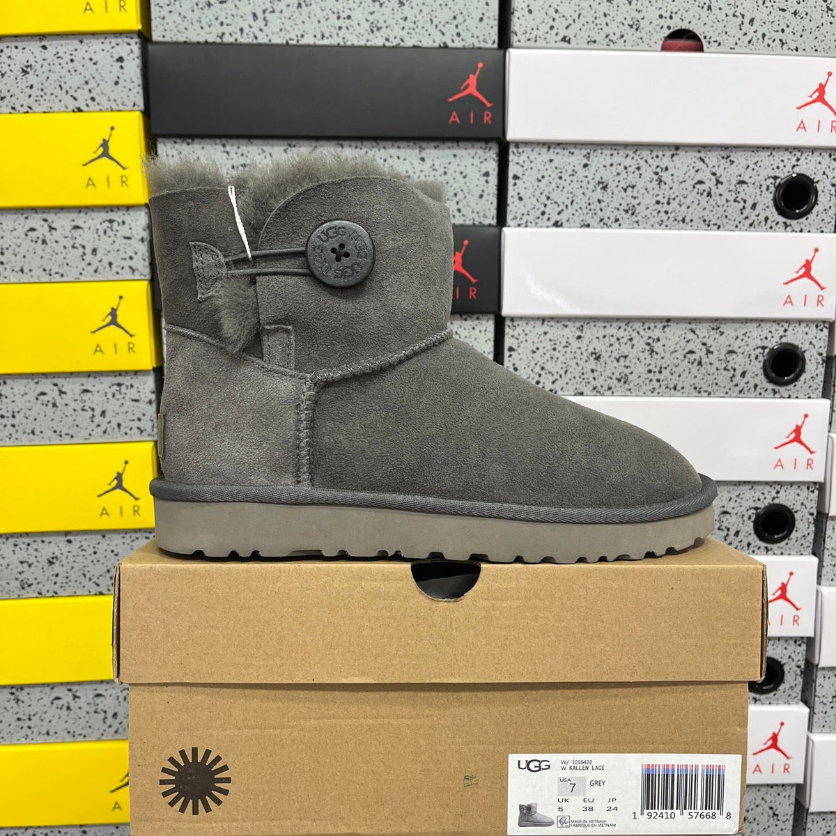 UGG Classic Mini Bailey Button Boot – Suede Ankle Boot with Tonal Shearling Cuff & Button Closure in Grey