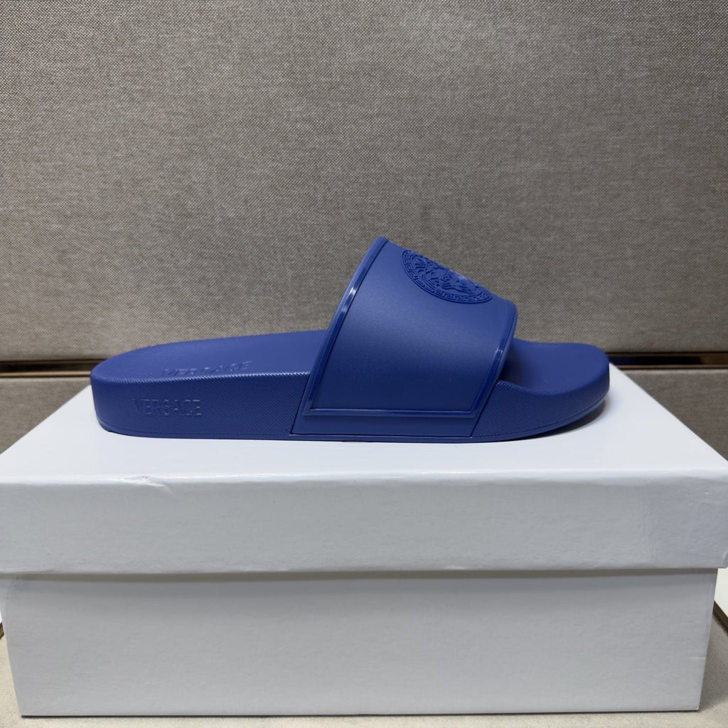 Versace Blue Raised Emblem Slide Sandals