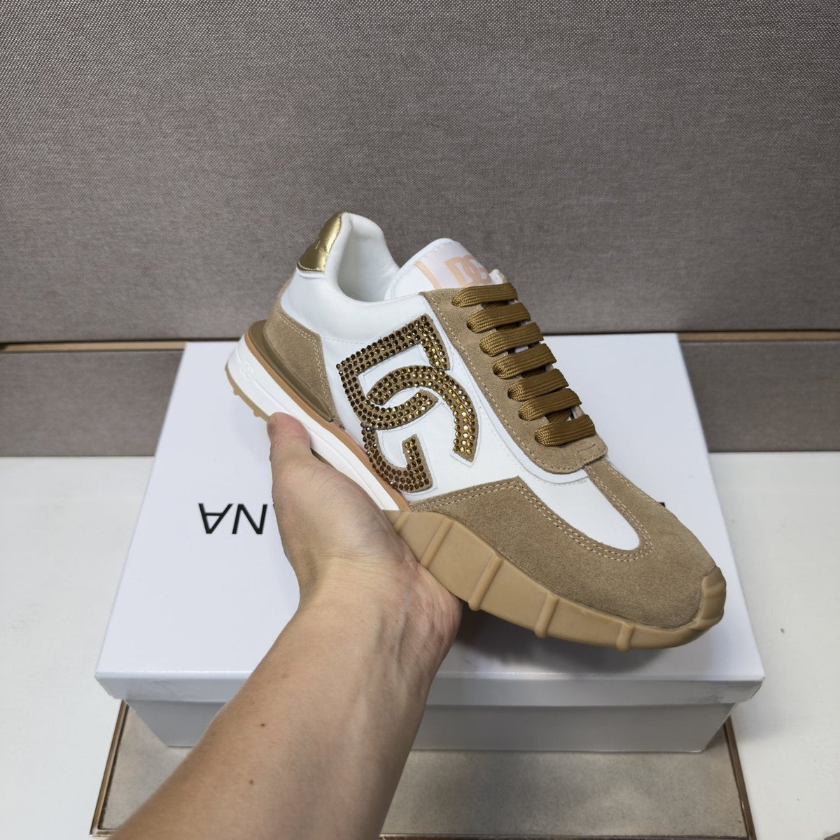 Dolce & Gabbana Men's White Tan Monogram Sneakers