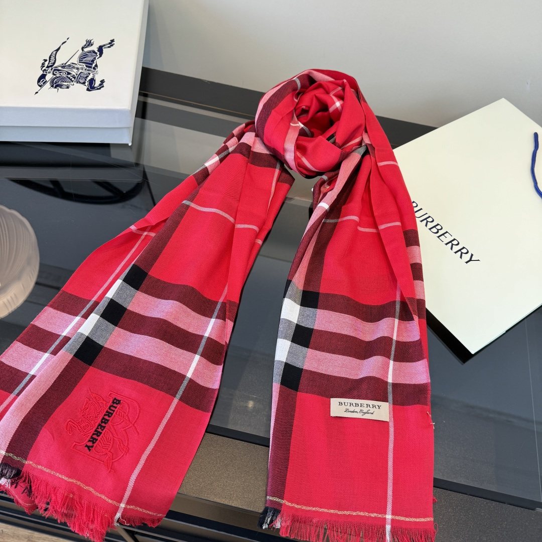 Burberry Red Plaid Fringe Scarf