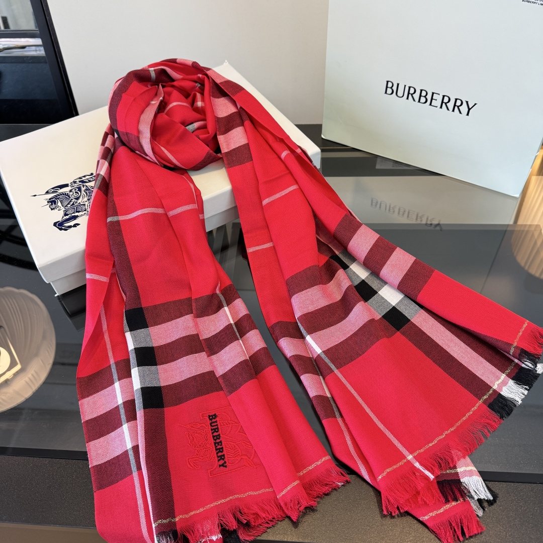 Burberry Red Plaid Fringe Scarf