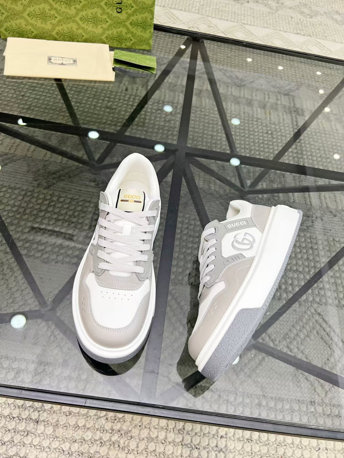 Gucci White and Light Gray Low-Top Sneakers