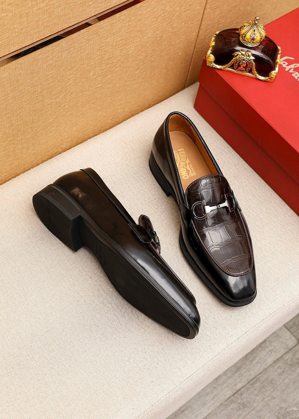Ferragamo Embossed Bit Loafers - Dark Brown and Black
