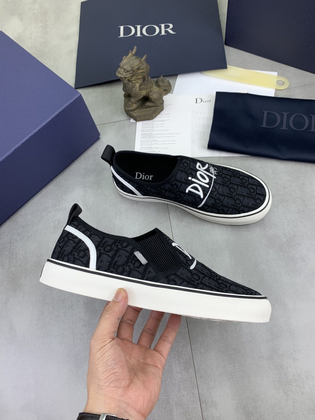 Dior Logo-Pattern Canvas Slip-On Sneakers - Black and White