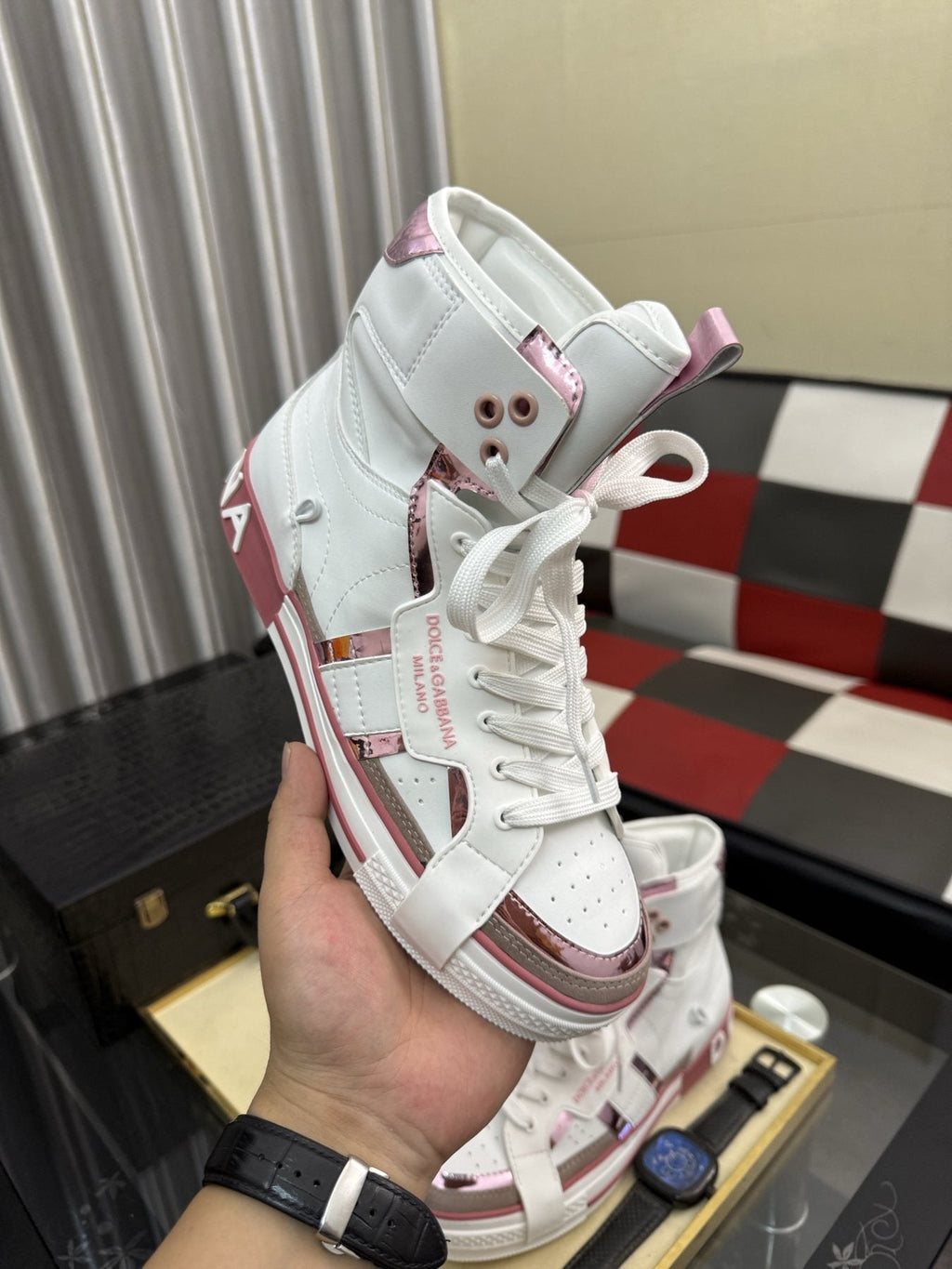 Dolce & Gabbana White and Pink High-Top Sneakers