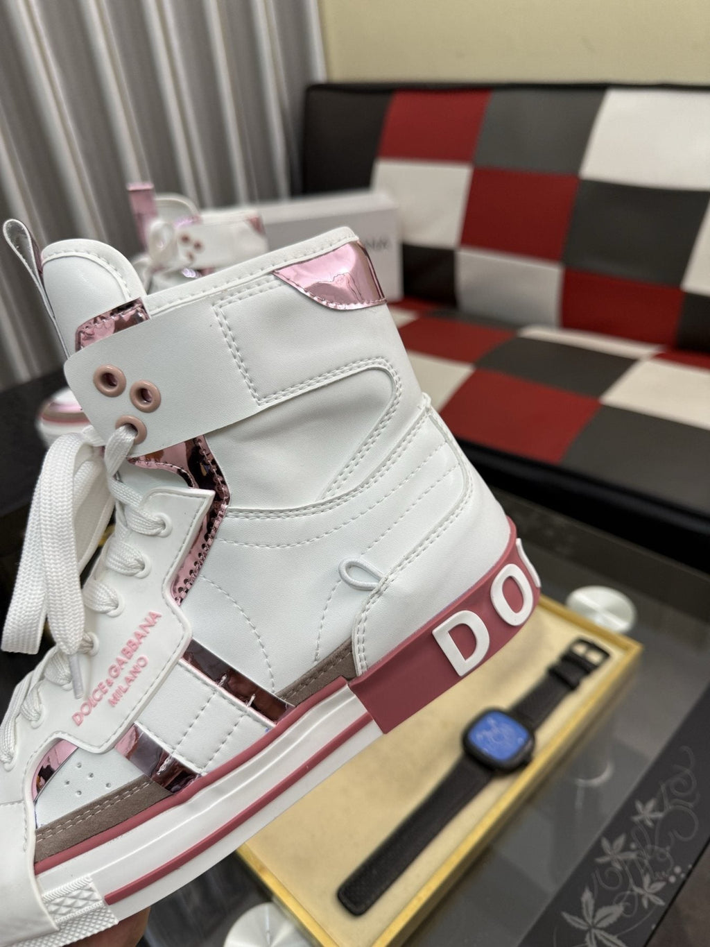 Dolce & Gabbana White and Pink High-Top Sneakers
