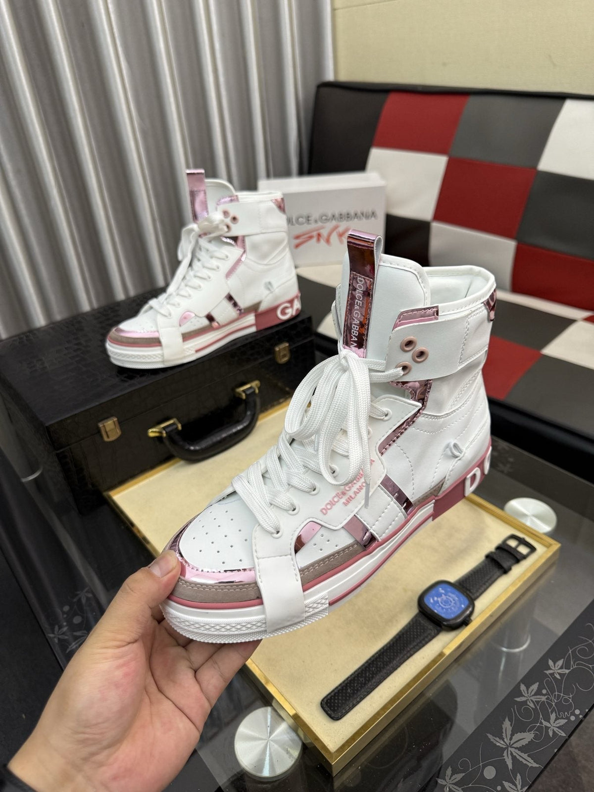Dolce & Gabbana White and Pink High-Top Sneakers