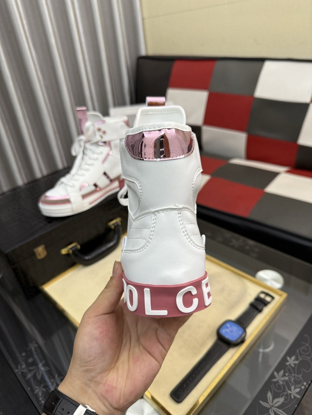 Dolce & Gabbana White and Pink High-Top Sneakers