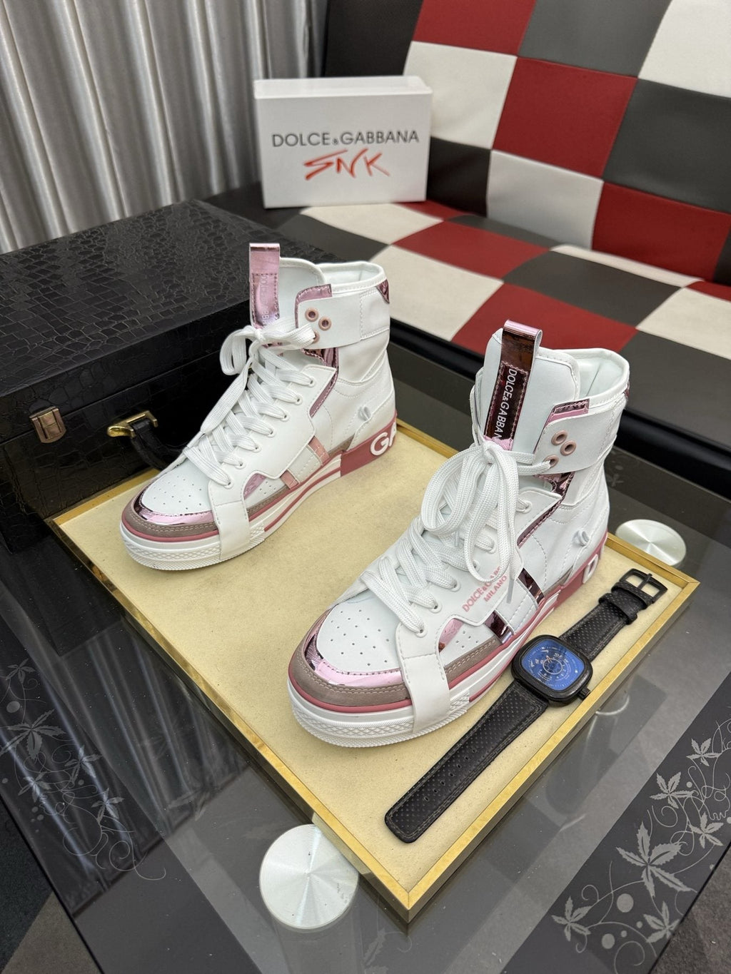 Dolce & Gabbana White and Pink High-Top Sneakers