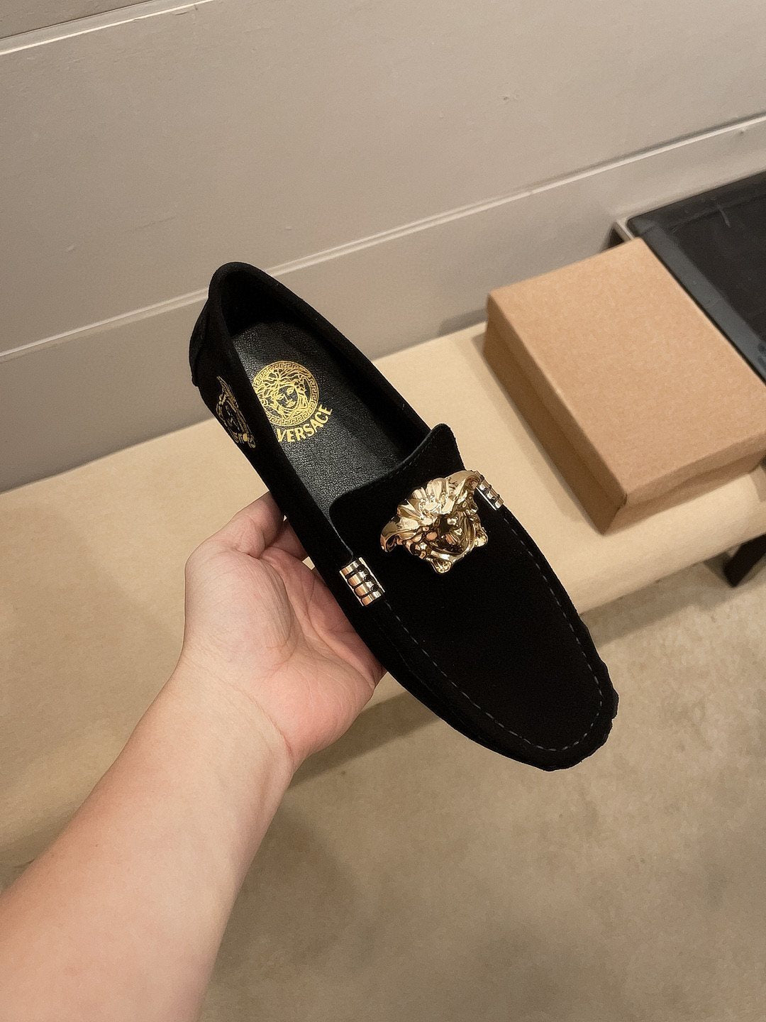 Versace Men's Black Gold-Tone Hardware Loafers - Black Suede-Finish Leather Upper