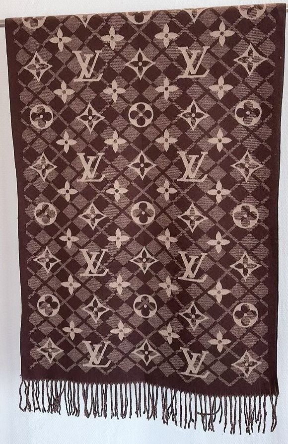 Louis Vuitton Dark Brown Fringed Patterned Scarf