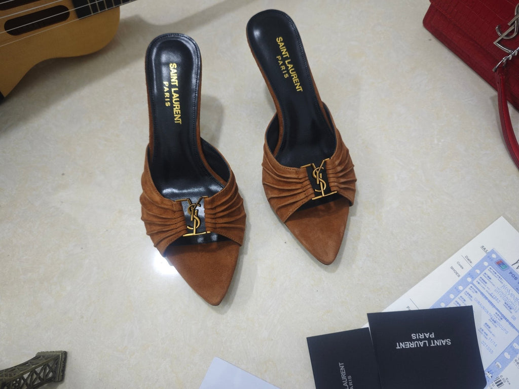 Saint Laurent Women's Ruched Logo Mule Heels