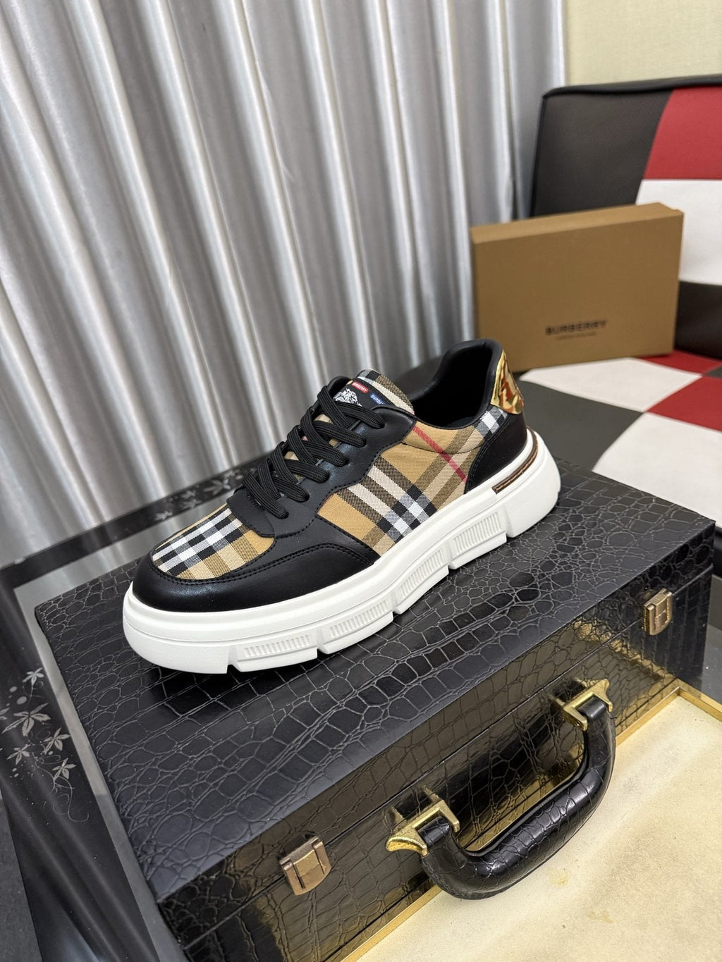 Burberry Men's Plaid Panel Sneakers - Layered Upper Details