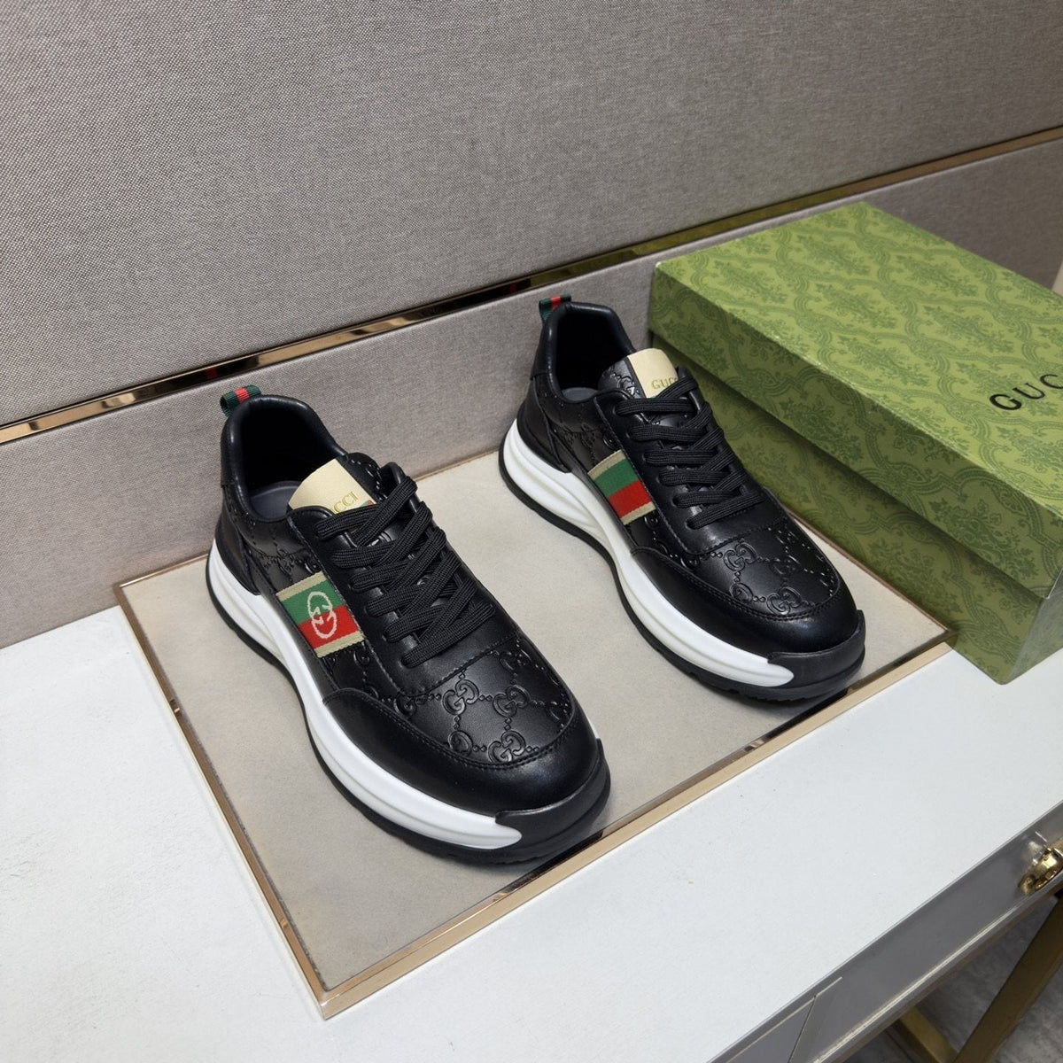 Gucci Men's Stripe Low-Top Sneakers - Layered Upper With Gold-Tone Side Emblem